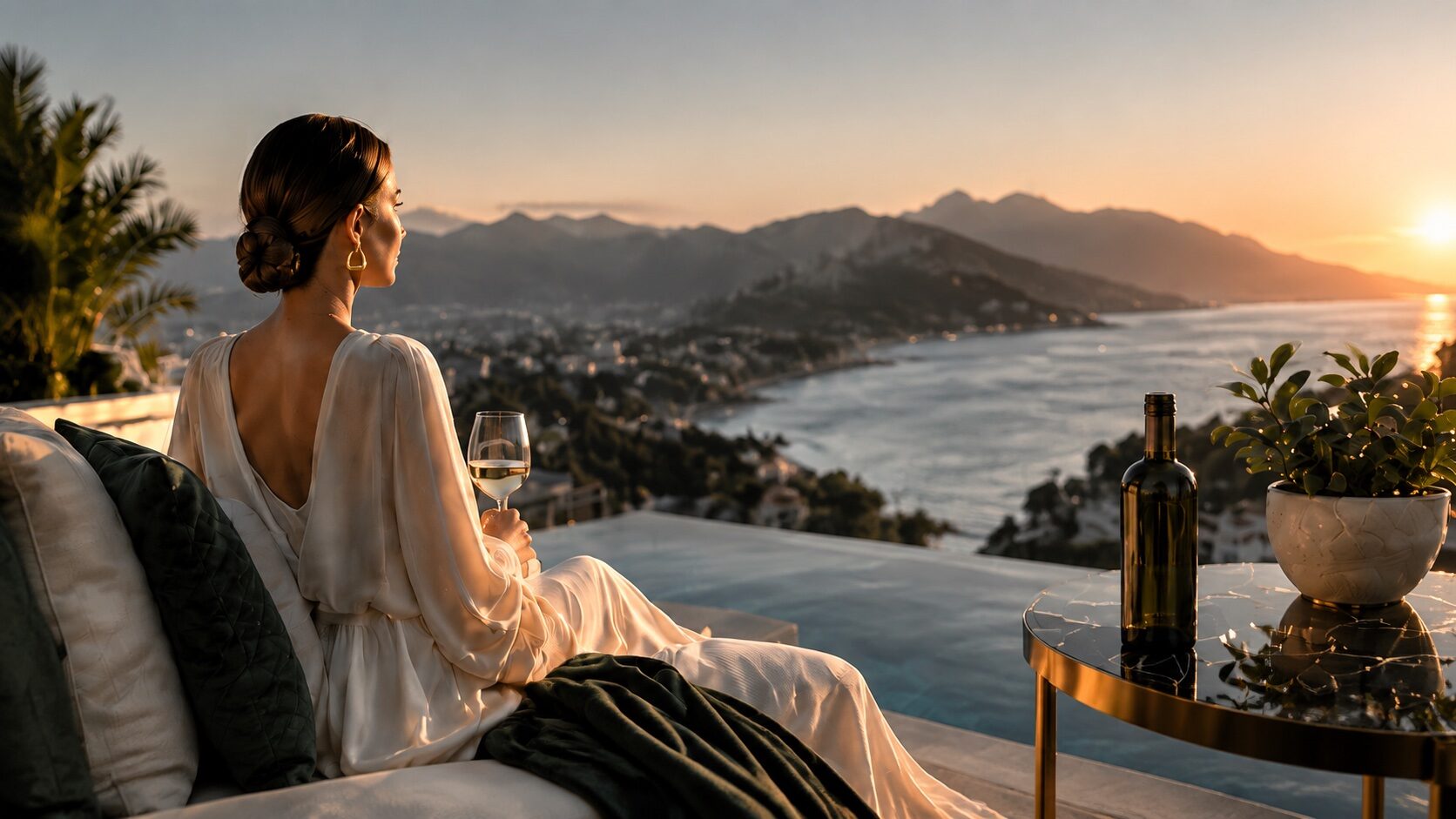 A woman sitting on a terrace at sunset, looking out over the coast
