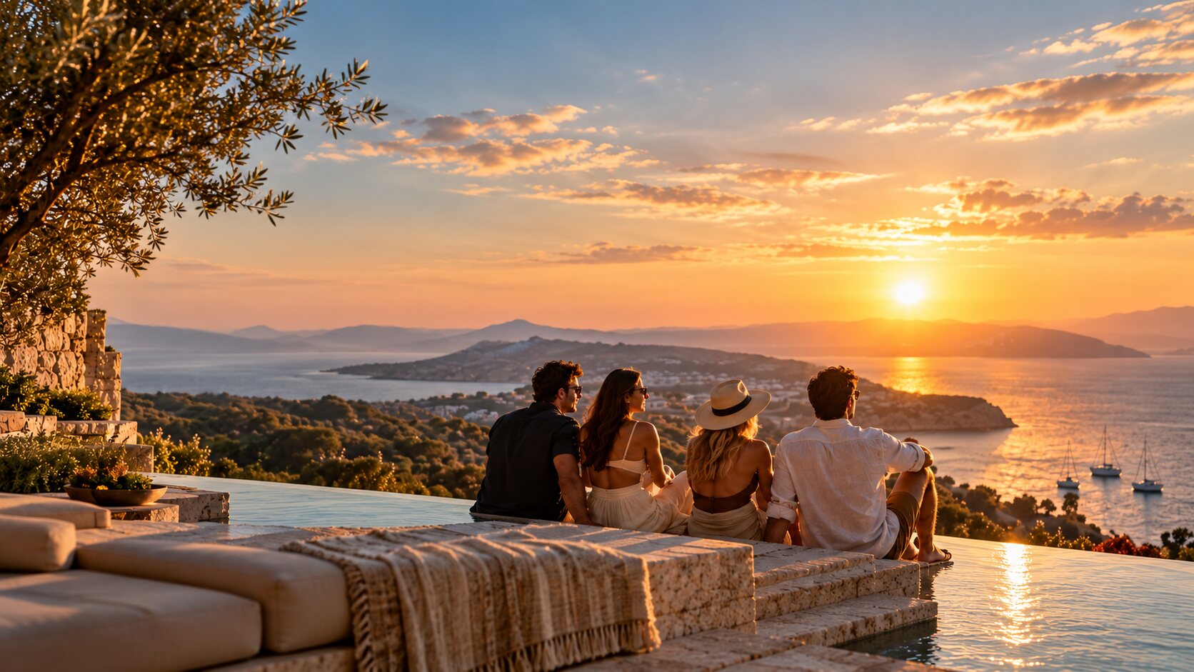 Four friends sitting together on a stone terrace, watching the sun set over the sea