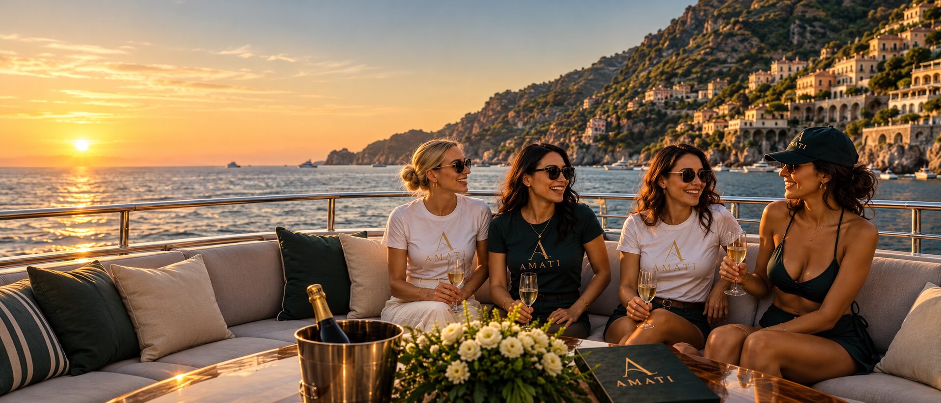 Friends in AMATI shirts laughing together on a yacht at sunset